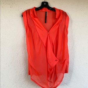 Chic for seasonal transition! Coral/Orange/Red Sleeveless Sheer DeepV Flowy Top